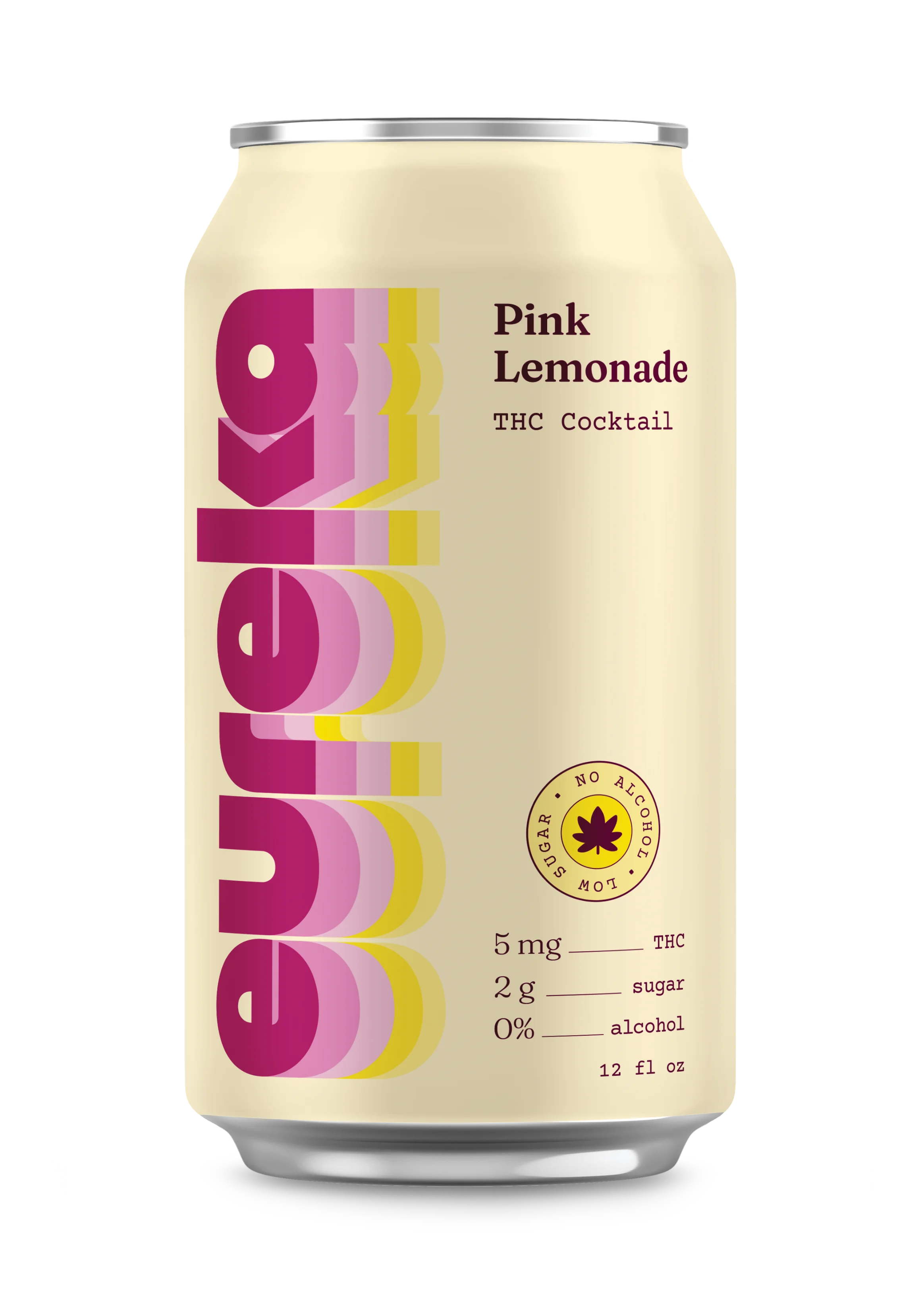 A can of Eureka THC Cocktail, with 5mg of THC and the flavor of Pink Lemonade
