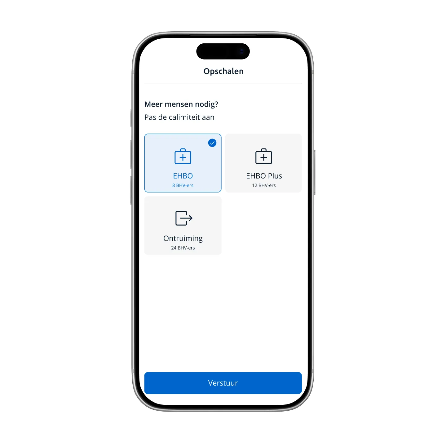 Opschalingsscherm in de BHV App om extra hulpverleners of protocollen te activeren.