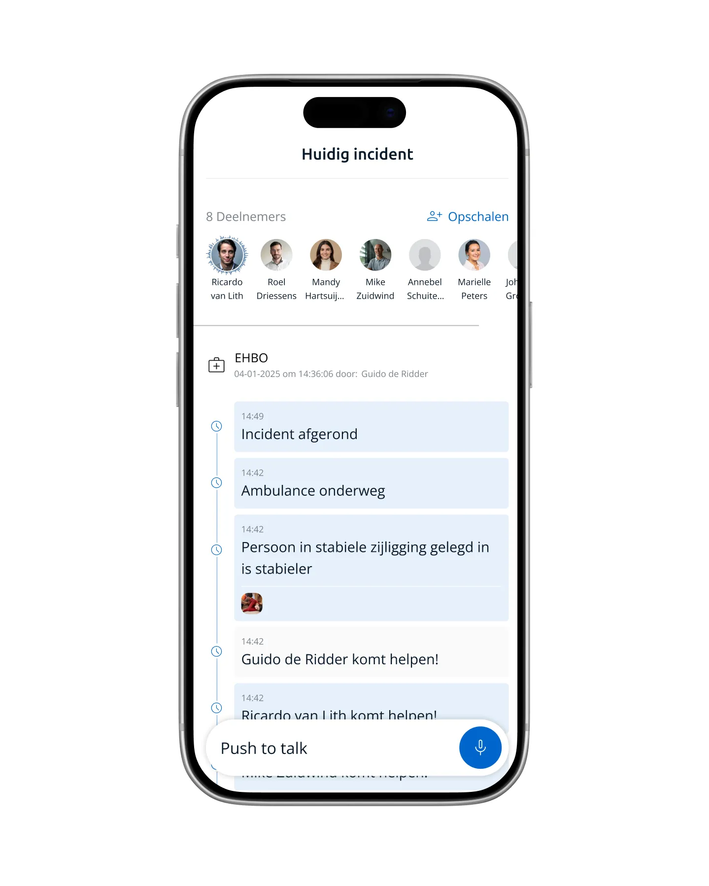 Incidentoverzicht in de BHV App waarin reacties, acties en statusupdates realtime worden gevolgd.