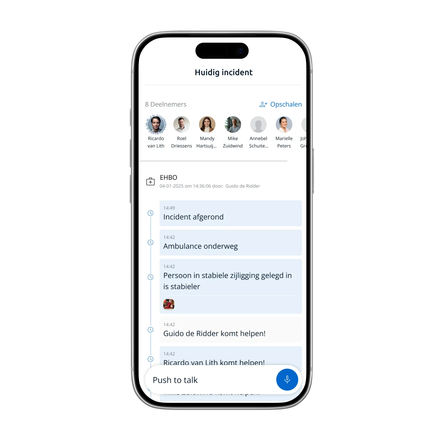 Incidentoverzicht in de BHV App waarin reacties, acties en statusupdates realtime worden gevolgd.