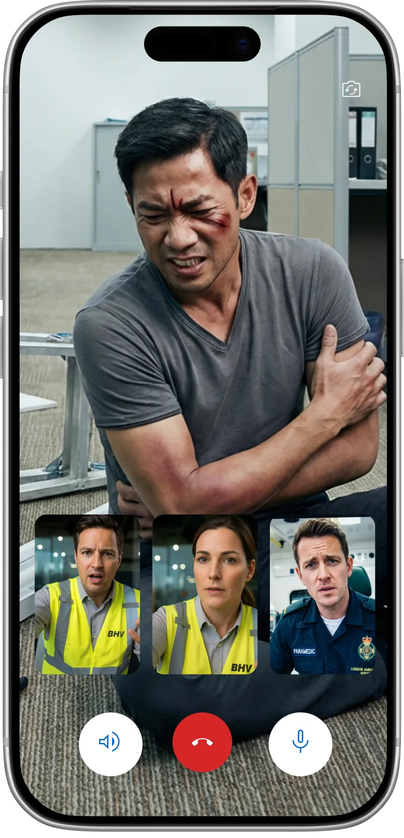 Man met verwondingen aan zijn gezicht en blauwe plekken aan zijn arm zit pijnigend op de grond, terwijl hij in een video-oproep hulp zoekt van twee BHV'ers en een ambulancebemanningslid.