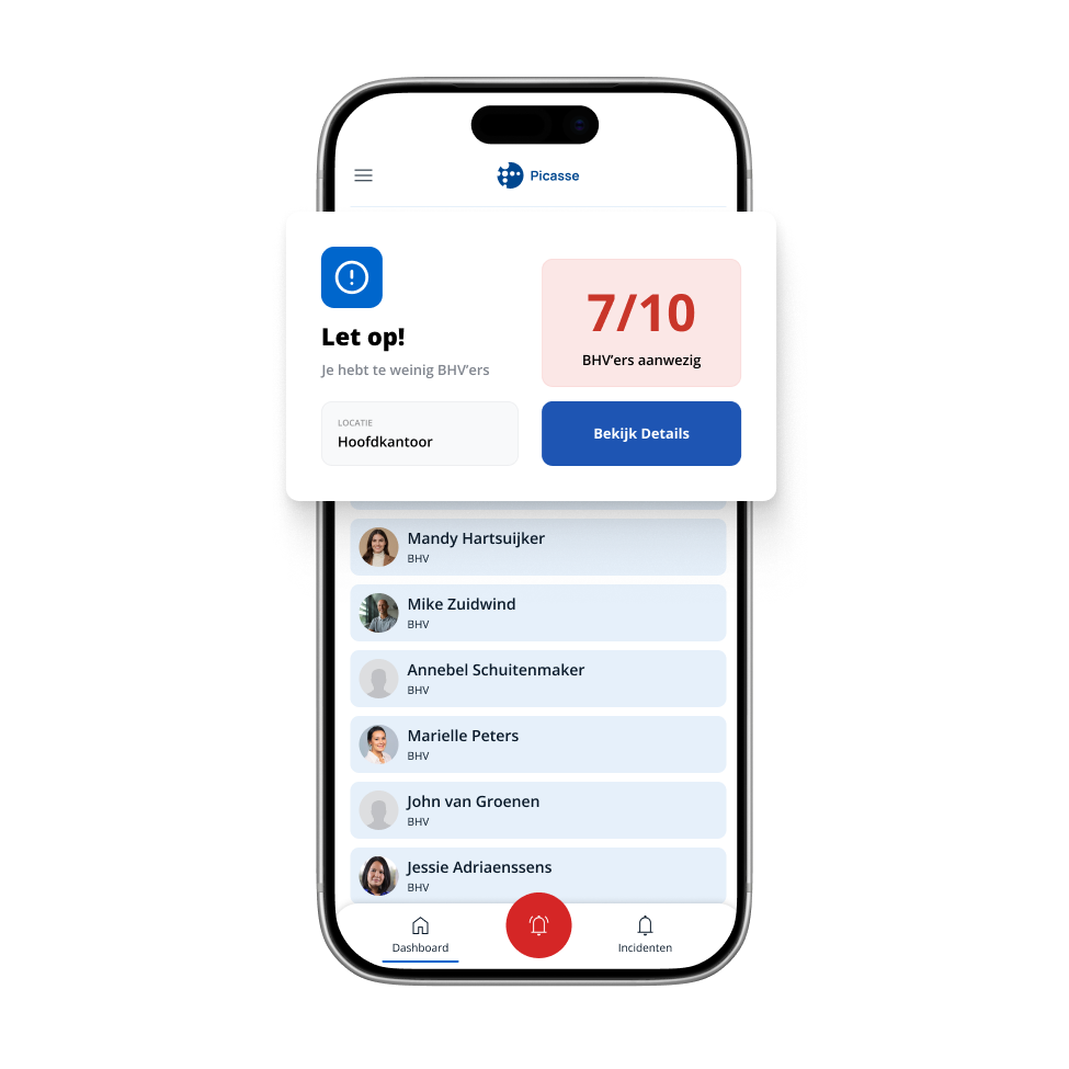 Smartphone toont waarschuwing dat er te weinig BHV'ers aanwezig zijn, 7 van de 10 beschikbaar op hoofdkantoor met lijst van BHV'ers en knop Bekijk Details.