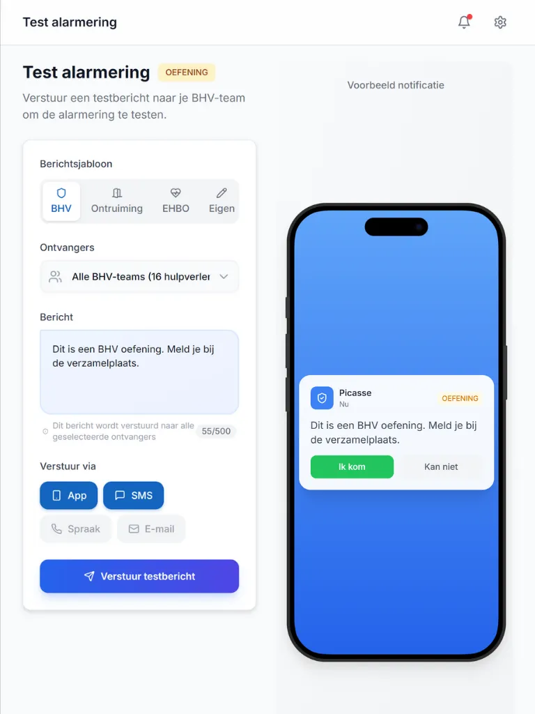 Test alarmering in het beheerdersportaal om BHV-meldingen en reacties te oefenen.
