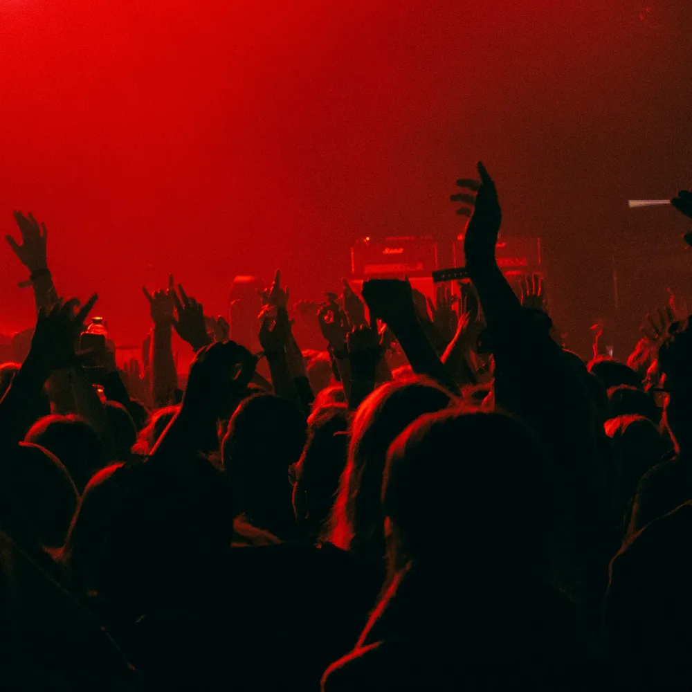 Publiek met opgeheven handen bij een concert onder rood licht.