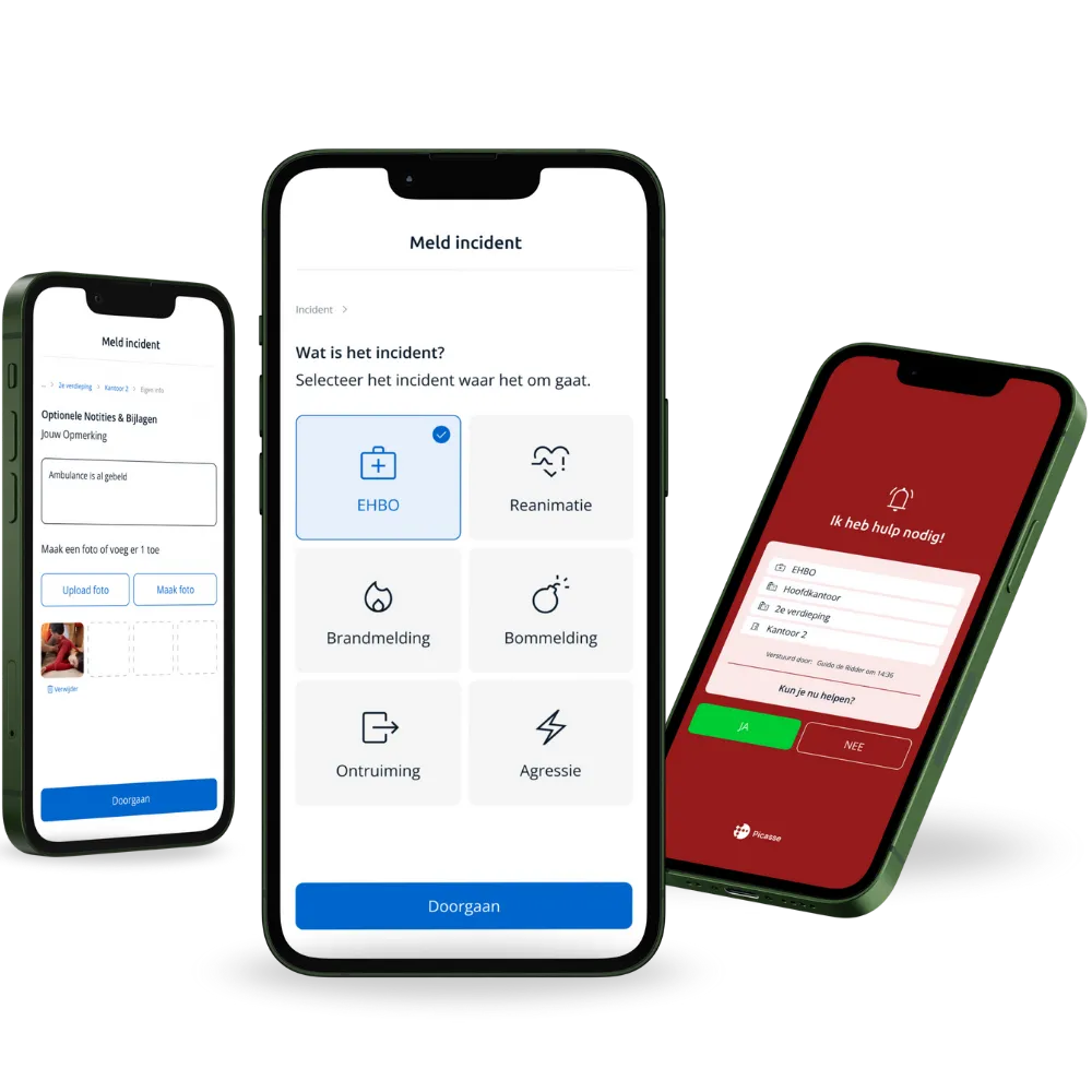 Visualisatie van de BHV-app waarin BHV’ers snel worden opgeroepen via mobiel, met duidelijke incidentkeuze en directe alarmering.