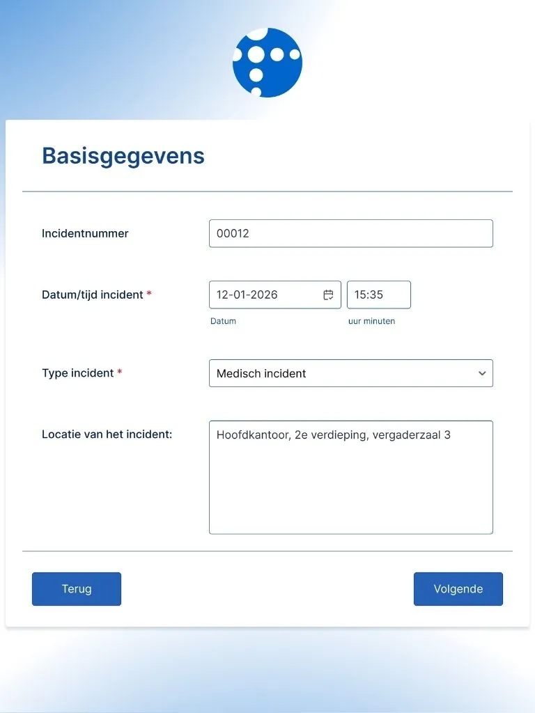 Registratie van een incident in het beheerdersportaal voor rapportage en evaluatie.