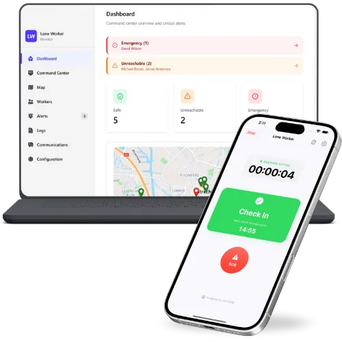 Lone worker app met dashboard op laptop en check-in scherm op smartphone voor alleenwerkers.