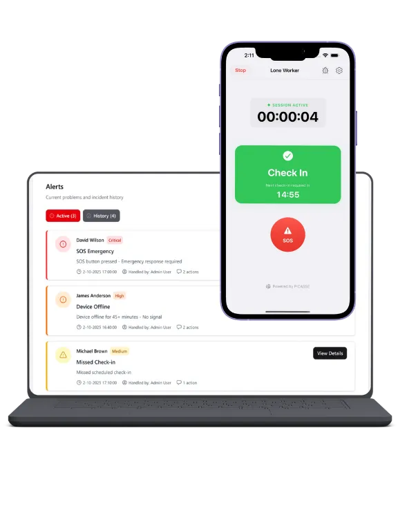 Lone worker app met check-in countdown op smartphone en overzicht van alerts in de meldkamer.