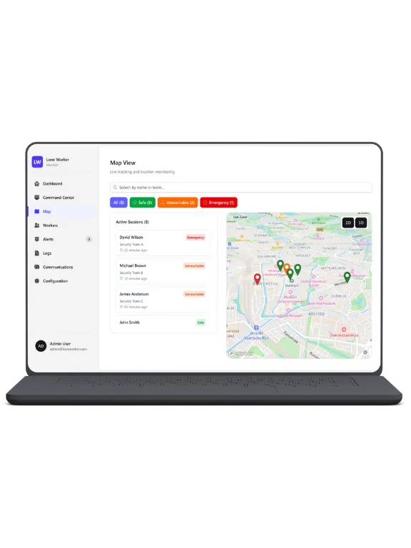 Dashboard van de lone worker app met kaartweergave en live GPS-locaties van alleenwerkers.