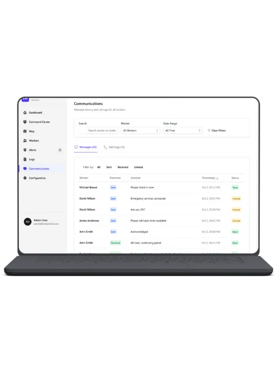 Communicatieoverzicht in de lone worker app met chatberichten en statusupdates van alleenwerkers.