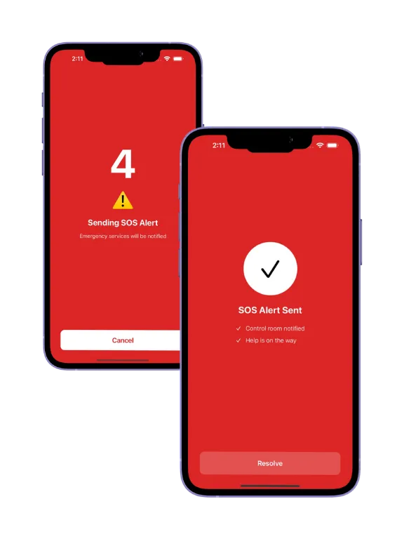 SOS-knop in de lone worker app met aftelmelding voordat een noodalarm wordt verstuurd.