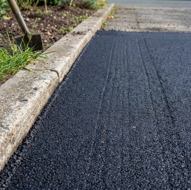 Perfectly finished asphalt driveway with smooth surface and professional edging in Portland.