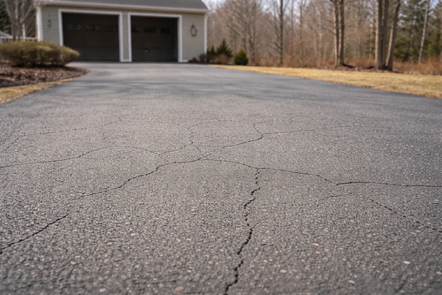 Close-up of a Maine residential driveway showing minor asphalt cracks ready for sealcoating.