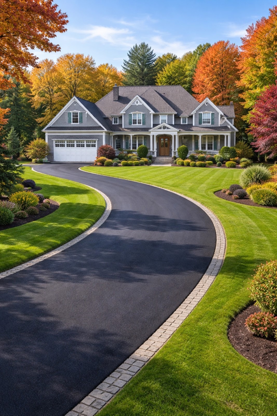 A Maine home featuring a new asphalt driveway and autumn landscaping, highlighting improved curb appeal and property value.