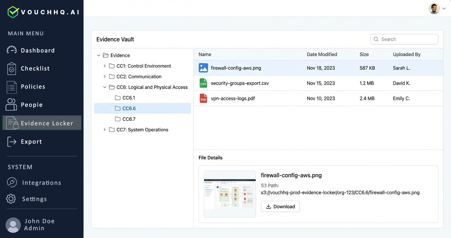 Secure S3 Evidence Locker for uploading audit proof.