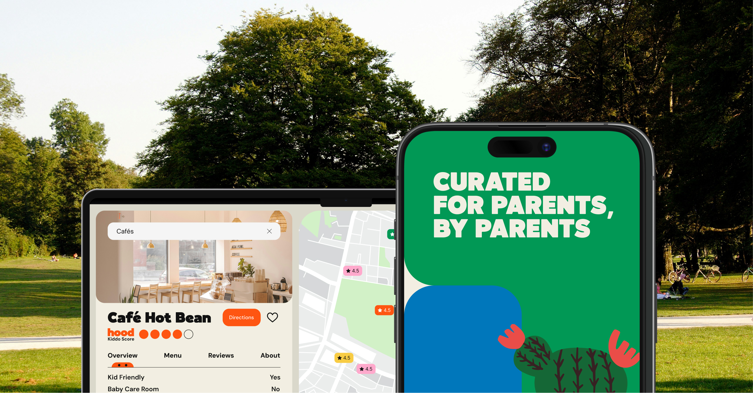 Tablet displaying café details and map next to smartphone with text 'Curated for parents, by parents' on a green background in a park setting.