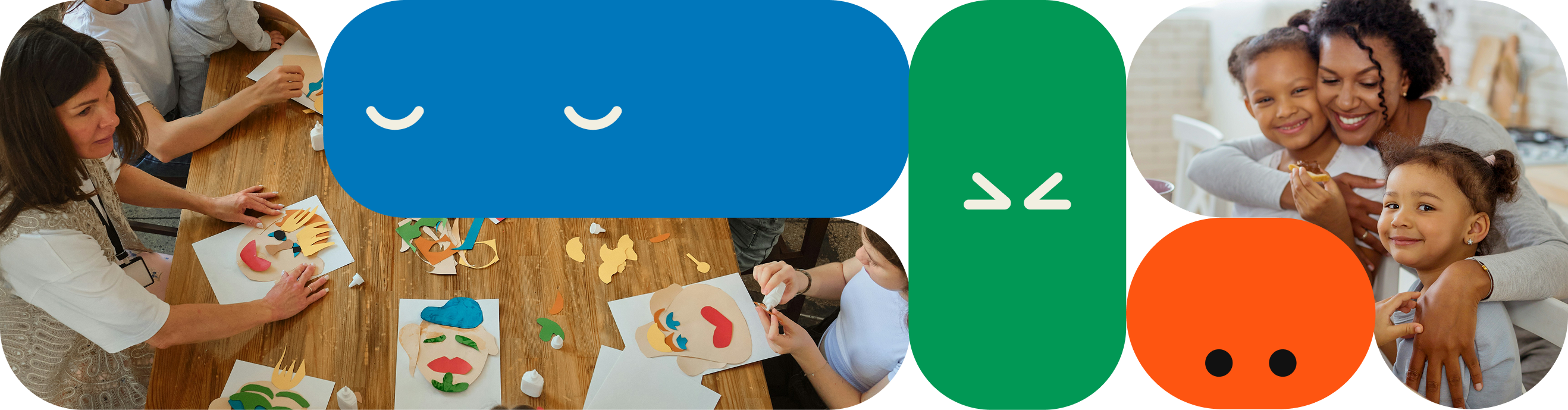 Mother hugging two smiling young children at a table; nearby, people are crafting colorful paper face masks on a wooden table.