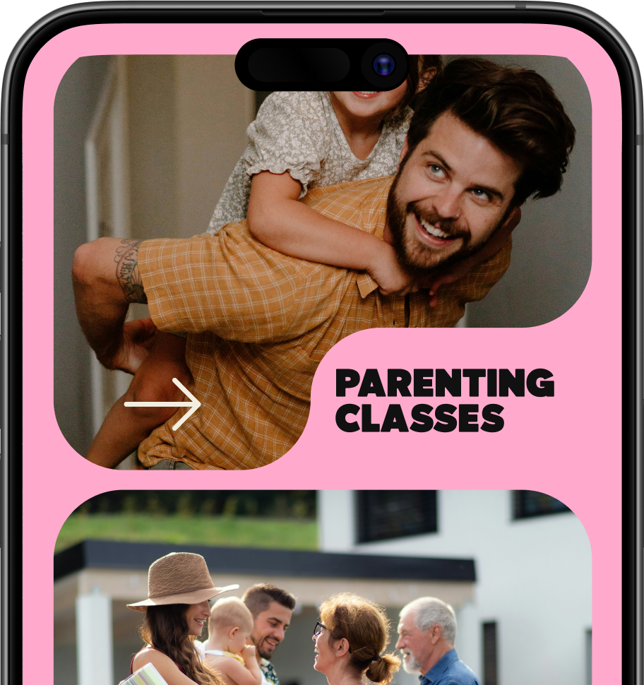 A man carrying a child on his back smiling, with text 'Parenting Classes' on a pink background.
