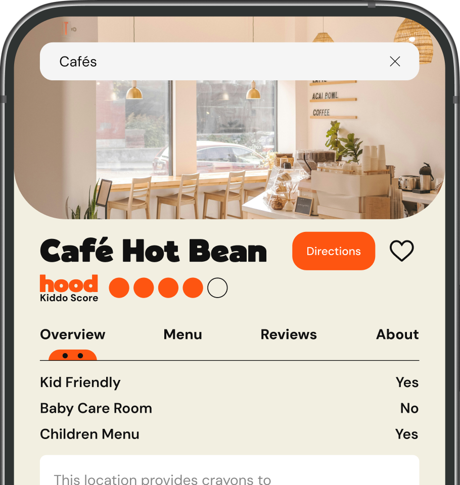 Mobile app screen showing Café Hot Bean details with a kid-friendly score of 4 out of 5, directions button, and amenities listed.