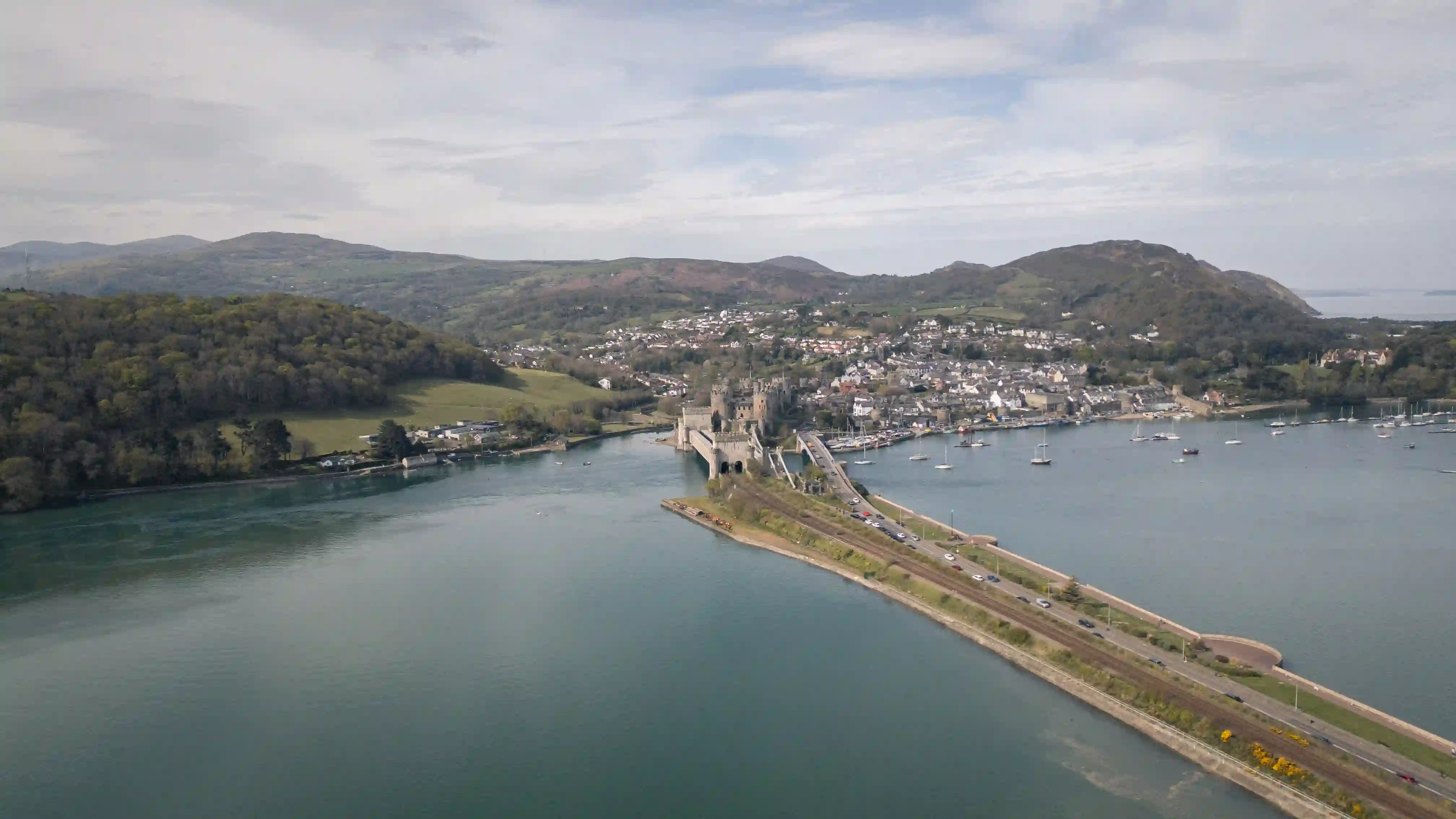 Conwy Castle and Conwy surroundings taken from the air overlooking the harbour