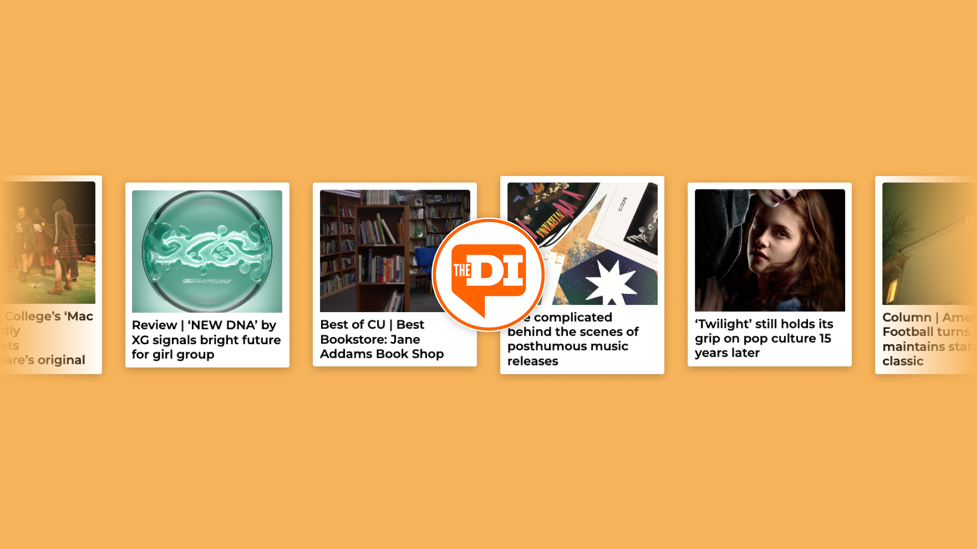 A carousel of six editorial cards with headlines about music, books, and pop culture on an orange background.