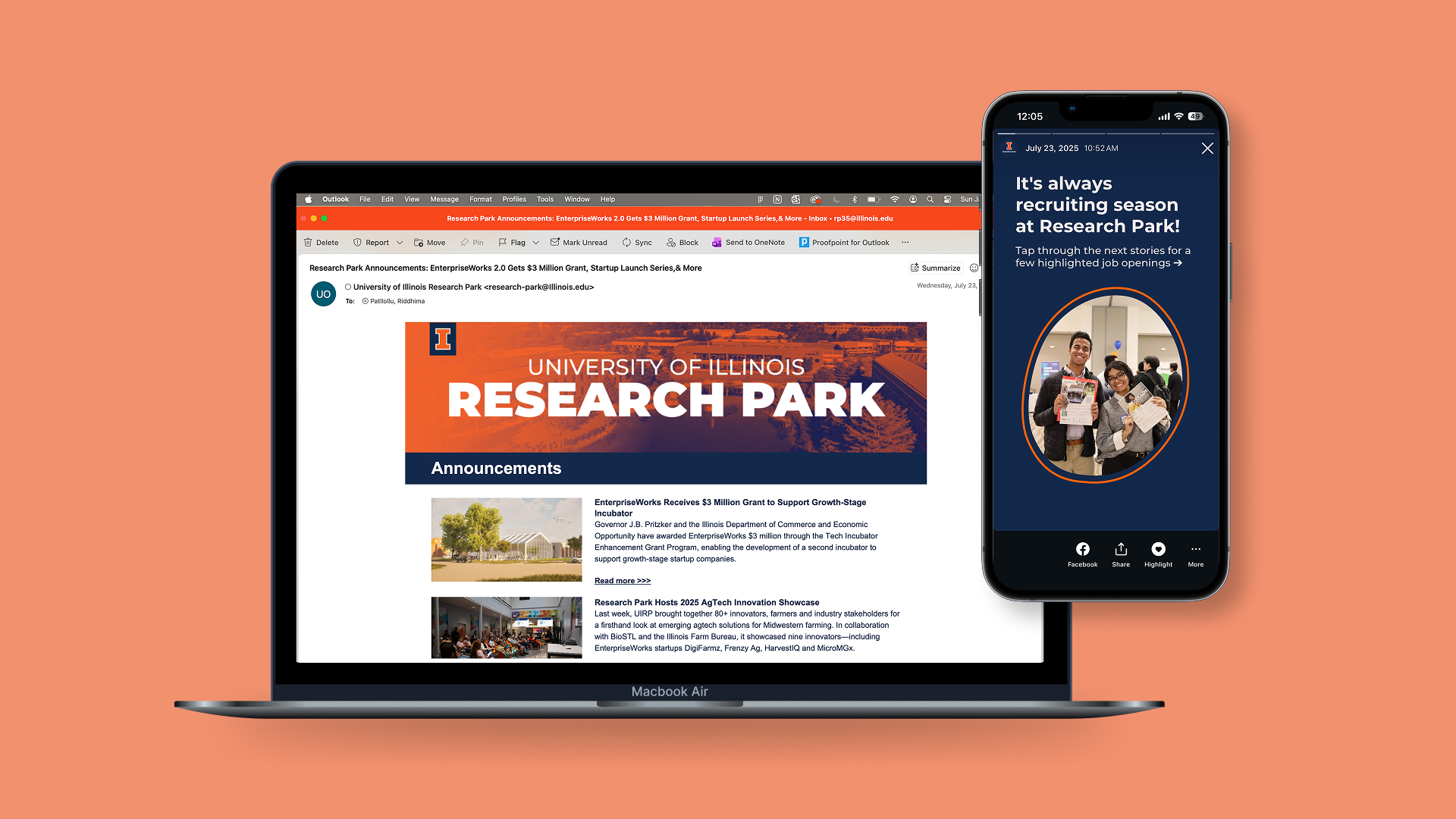 A MacBook and iPhone displaying a digital newsletter and a "recruiting season" social media story.