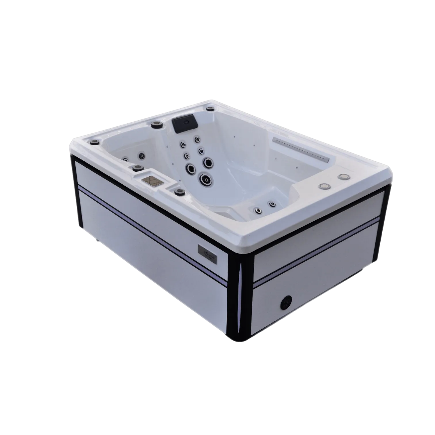 Moderner weißer Whirlpool mit schwarzen Akzenten auf grauem Untergrund