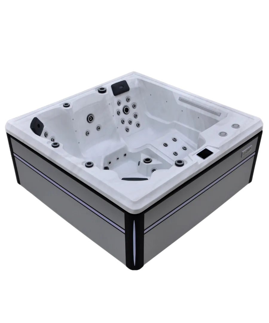 Moderner weißer und grauer Whirlpool mit mehreren Wasserdüsen