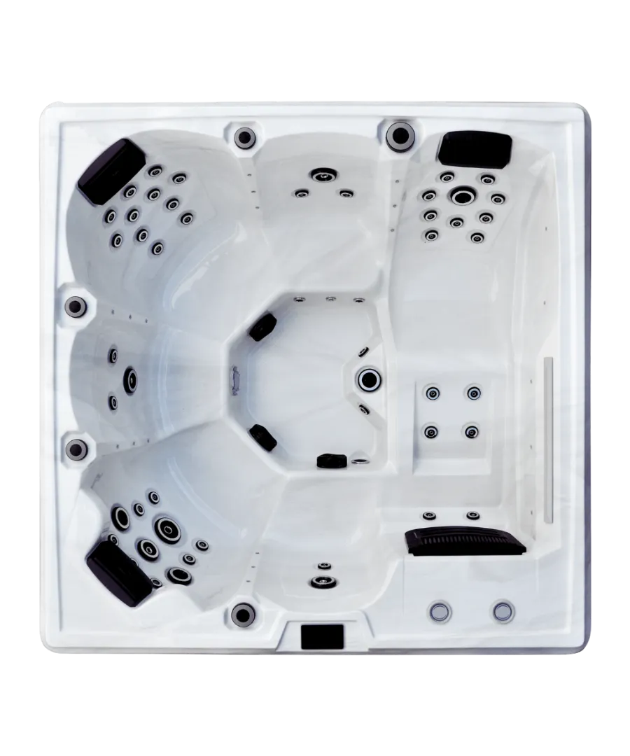 Weißer Whirlpool mit schwarzen Düsen und verschiedenen Sitzpositionen