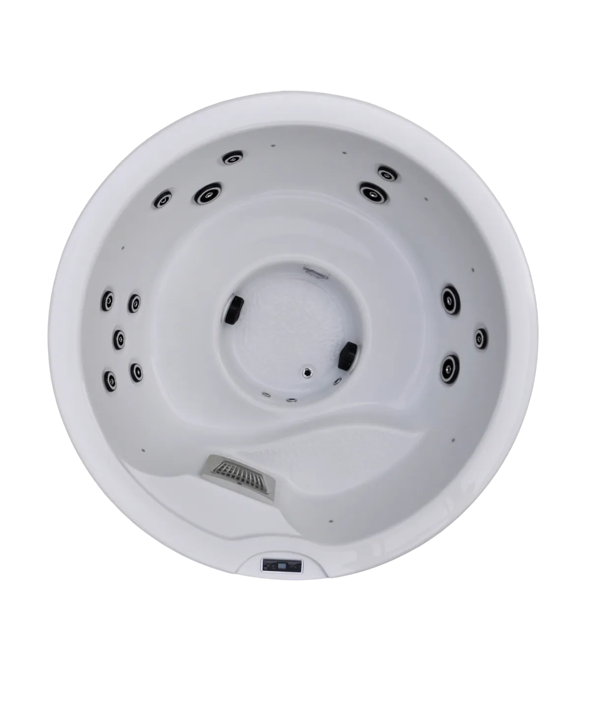 Weißer Whirlpool mit mehreren Düsen, von oben gesehen
