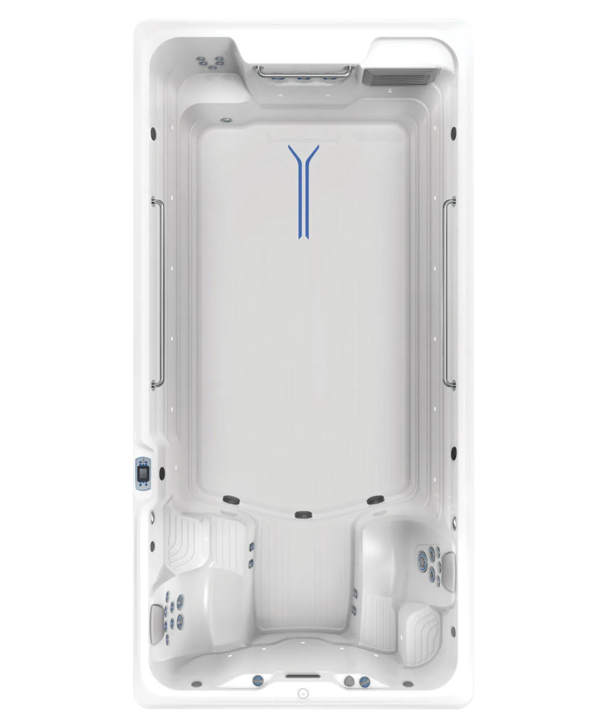 Weißer Whirlpool mit blauen Akzenten und integrierten Massagedüsen