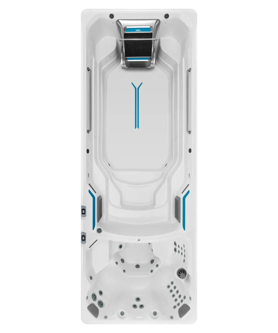 Weißer Whirlpool mit blauen Akzenten und integrierten Massagedüsen