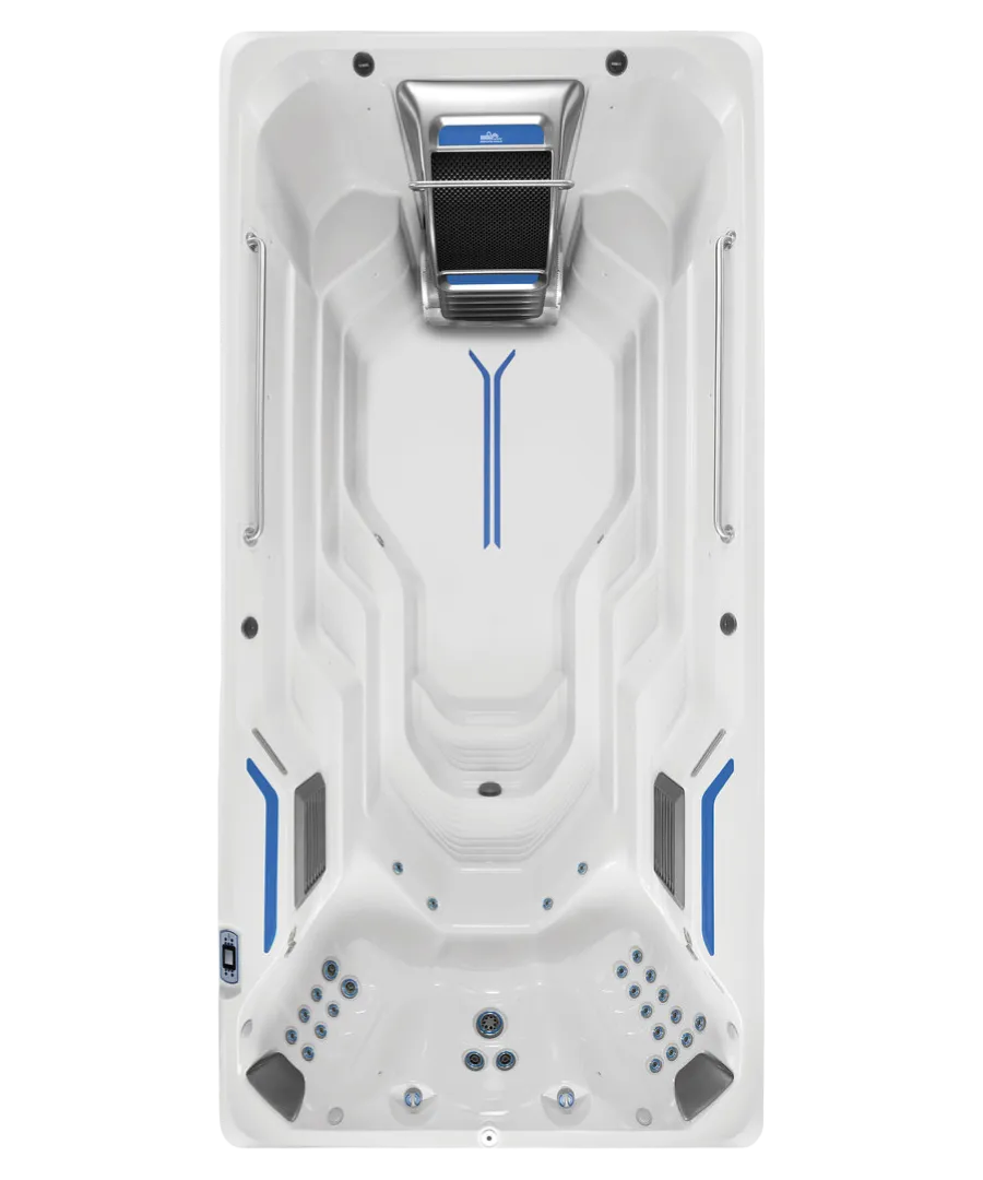 Moderner weißer Whirlpool mit blauen Akzenten und integrierten Massagedüsen