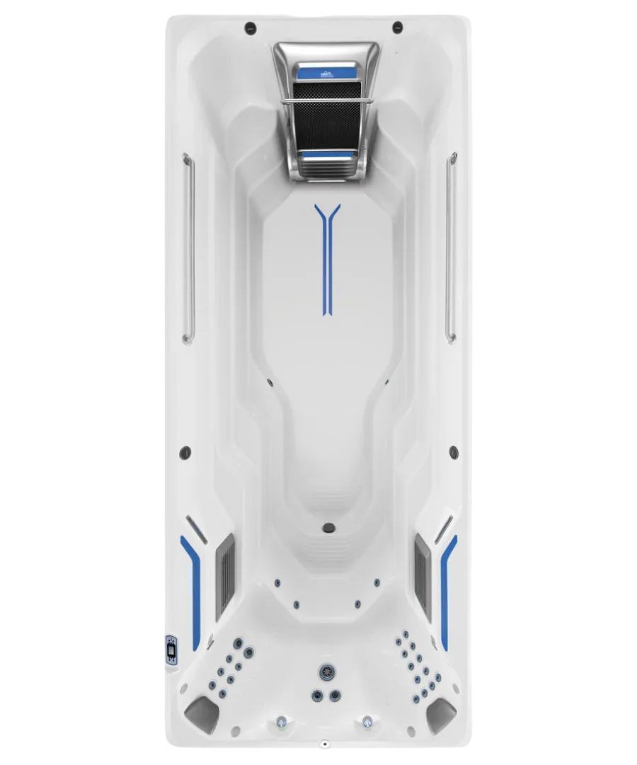 Weißer Whirlpool mit blauen Akzenten, Düsen und moderner Luftungseinheit