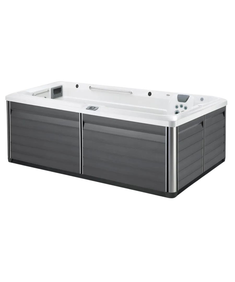 Weißer und grauer Whirlpool mit mehreren Düsen im Freien