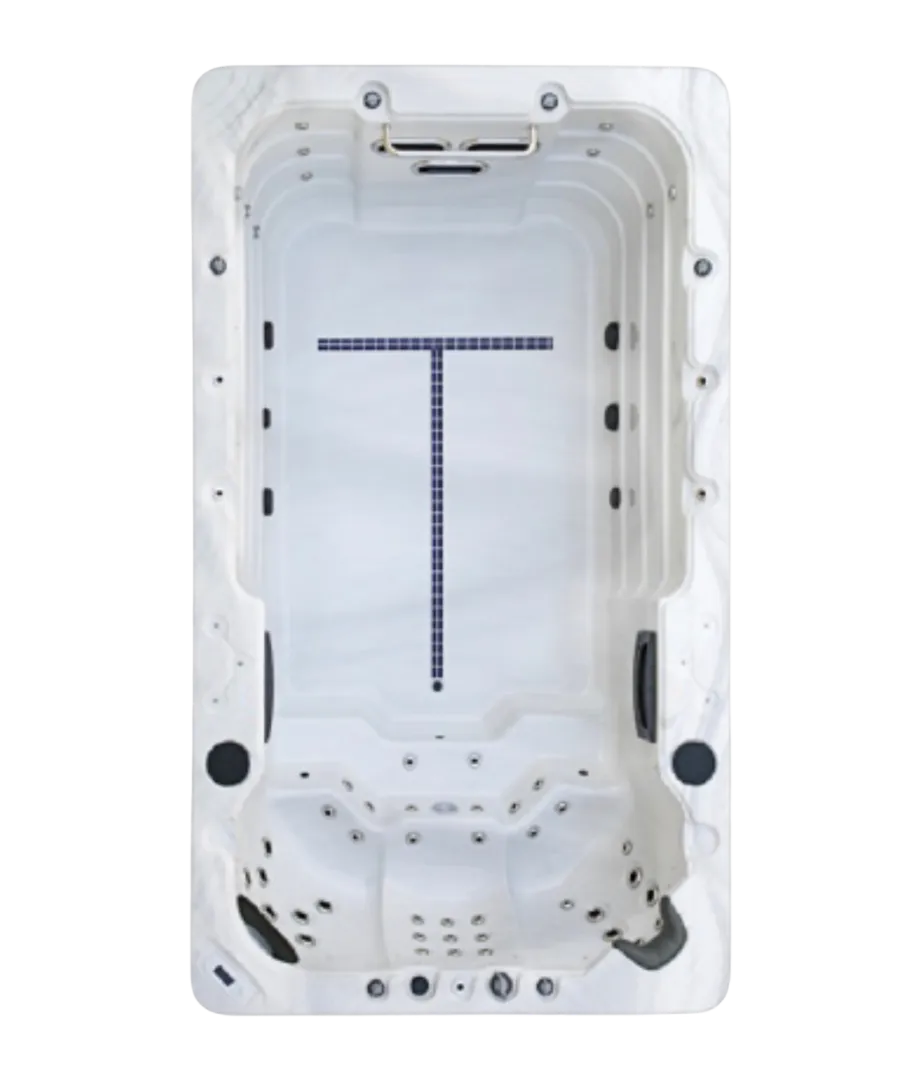 Weißer Whirlpool mit T-förmigem Mosaik und integrierten Düsen