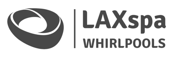 LAX Spa Whirlpools Logo in grau und weiß mit geschwungenem Symbol