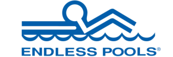 Blaues Logo von Endless Pools mit schwimmendem Strichmännchen