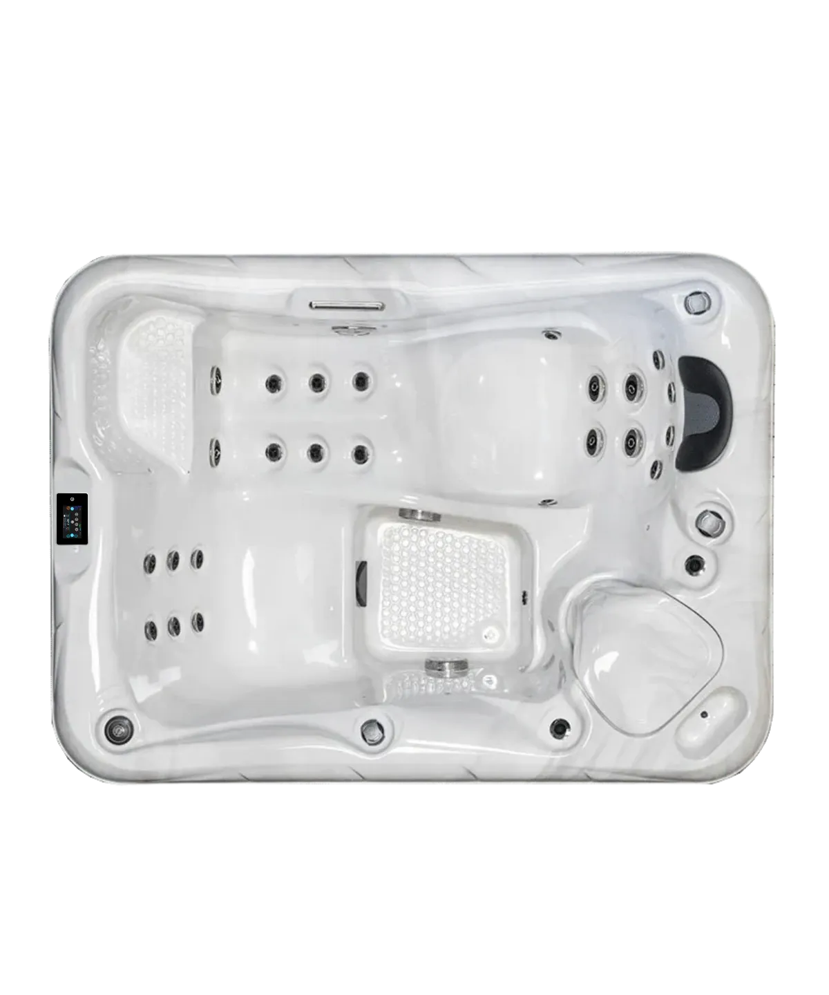 Weißer Whirlpool mit verschiedenen Düsen und Sitzplätzen von oben