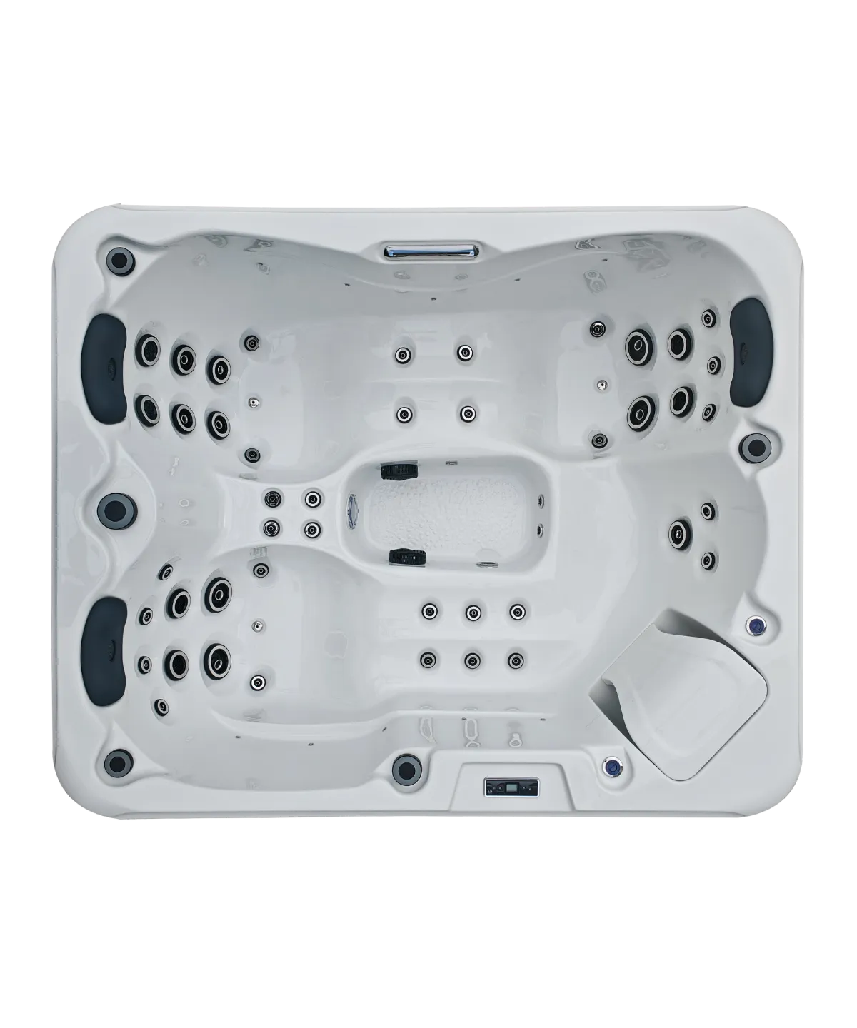 Weißer Außenwhirlpool mit mehreren Düsen und Sitzplätzen