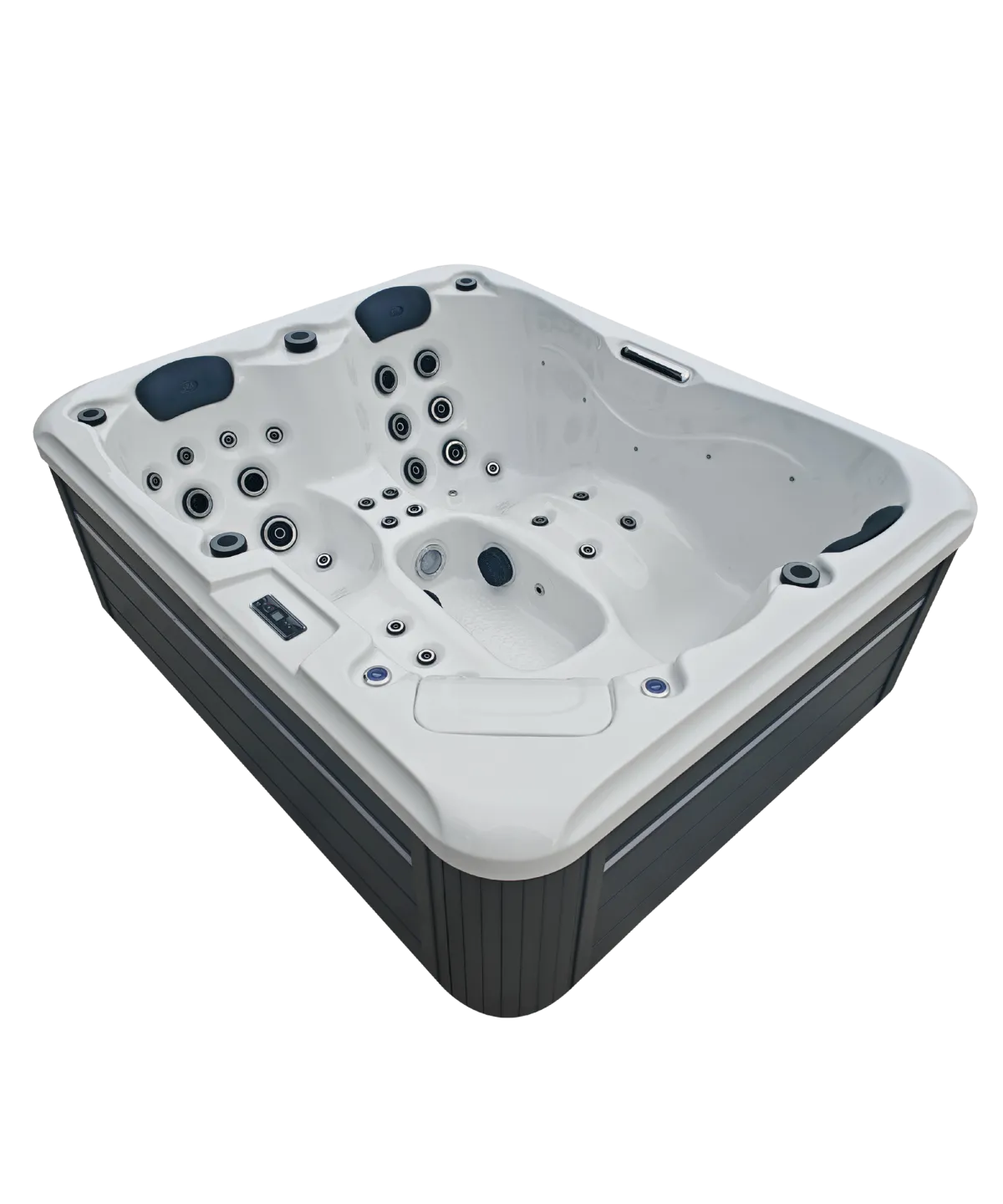 Weißer Whirlpool mit mehreren Massagedüsen und schwarzem Rahmen