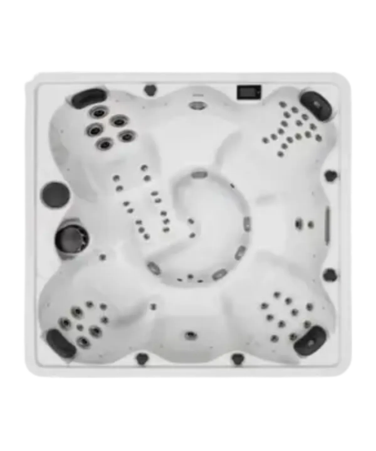 Whirlpool von oben mit mehreren Sitzplätzen und Düsen in Grautönen