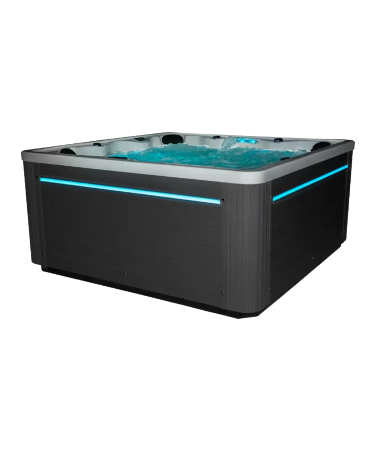 Moderner Whirlpool mit blauer Beleuchtung und türkisfarbenem Wasser