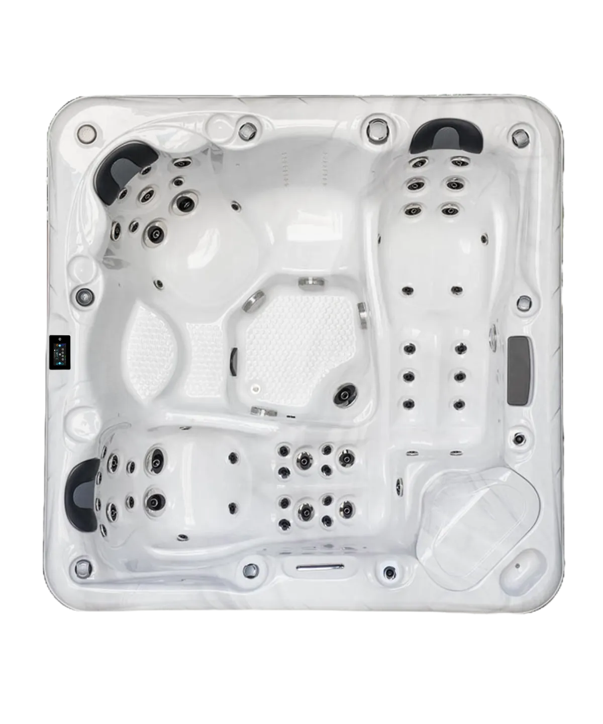 Weißer Whirlpool mit mehreren Sitzplätzen und Düsen von oben