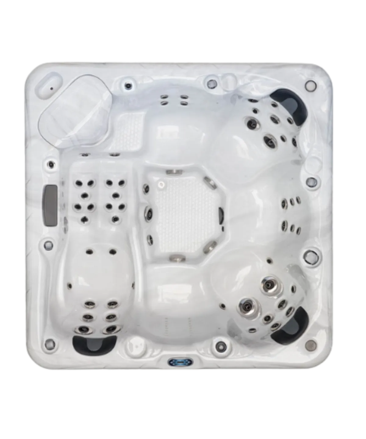 Weißer Whirlpool mit verschiedenen Düsen und Sitzpositionen von oben