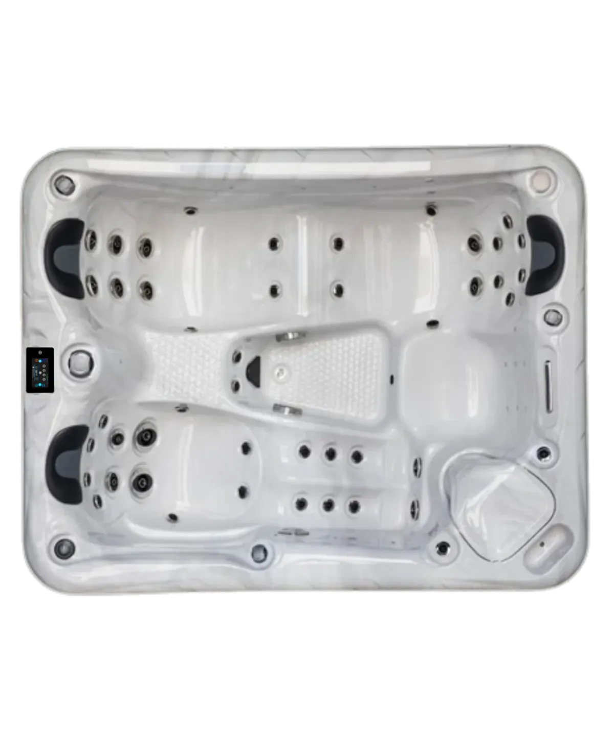 Weißer Whirlpool mit schwarzen Düsen und mehreren Sitzplätzen