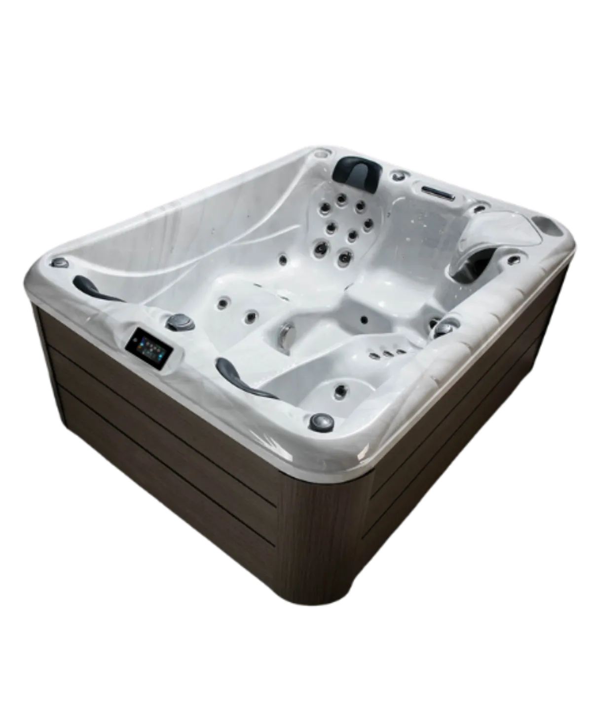 Moderner Whirlpool mit weißer Wanne und braunem Rahmen, mehrere Düsen