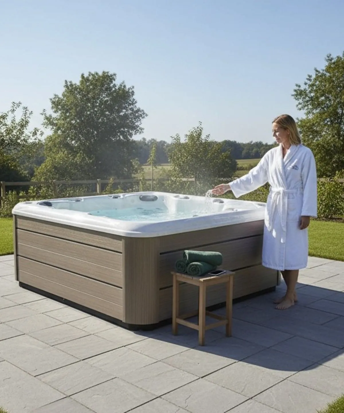 Frau im weißen Bademantel steht neben einem Whirlpool im Garten