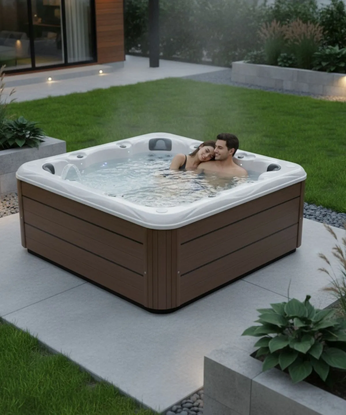 Zwei Personen entspannen im Whirlpool in einem modernen Garten