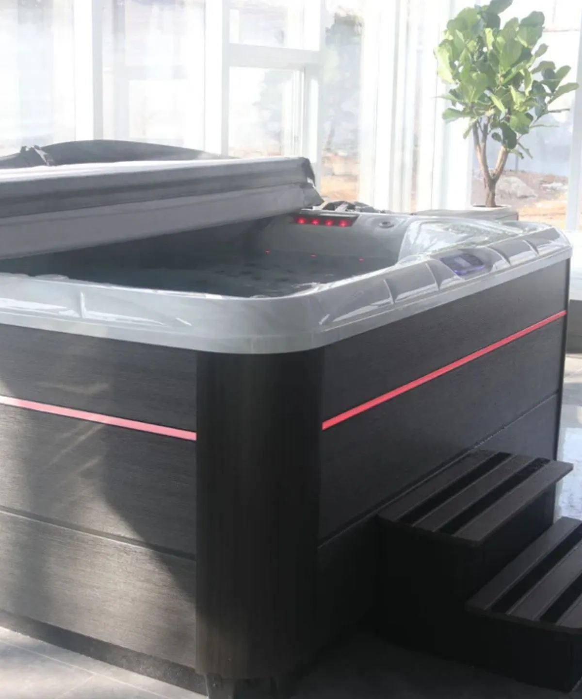 Moderner Whirlpool mit roten Akzentlinien, Indoor-Setup mit Pflanze